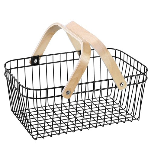 WIRE STORAGE BASKET BIRCH WOOD HANDLE 39X24X16CM BLACK