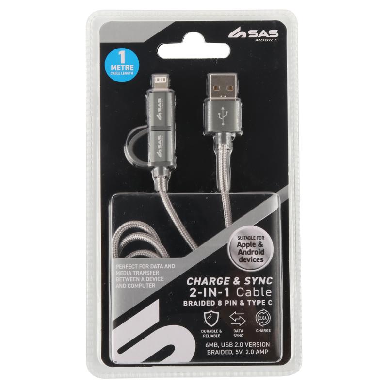 Charge & Sync 2 in 1 Cable 1m - Suitable for iPhone & Android