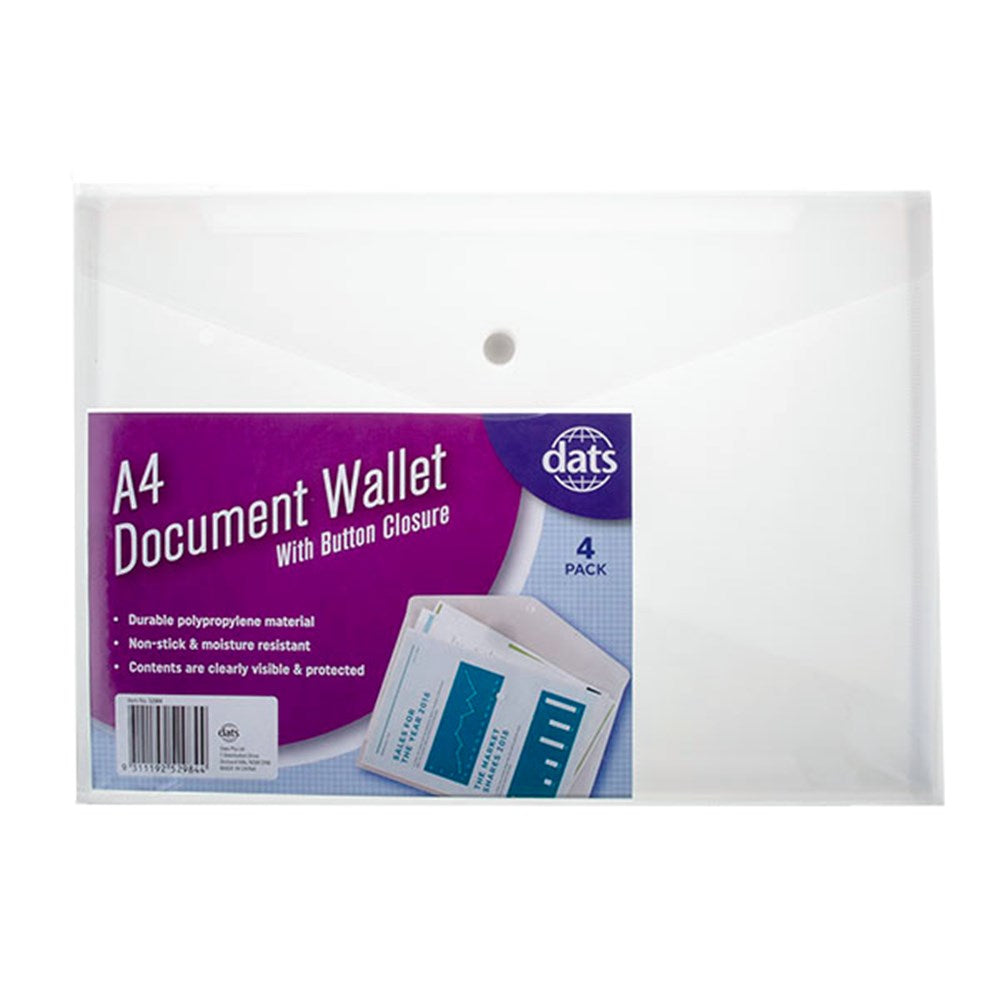 Document Wallet PP w Button Closure A4 4pk Clear