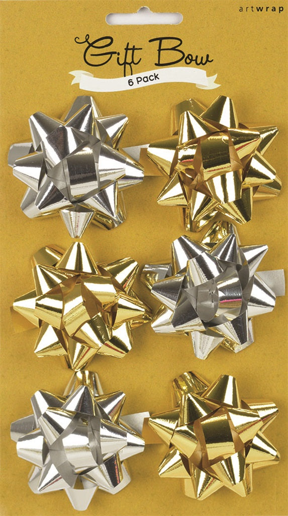 BOW 6PK MINI STAR METALLIC GOLD SILVER