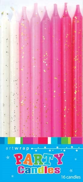 CANDLE 16PK 12CM GLTR PINKS