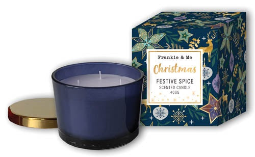 CANDLE BXD XMAS 400G COLRD GLSS METAL LID SCNTD NAVY