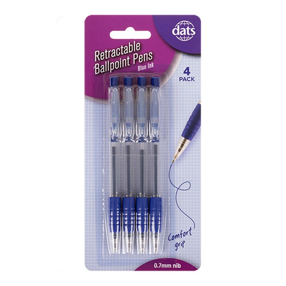 Pen Ballpoint Retractable 4pk Blue Ink