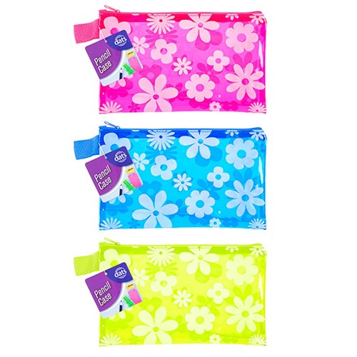 Pencil Case 1 Zip PVC w Flower Printing 225x145mm 3 Asstd