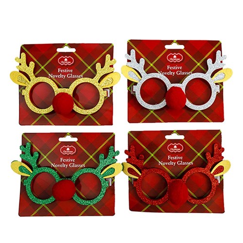 Glasses Glitter Reindeer Xmas 4 Asstd