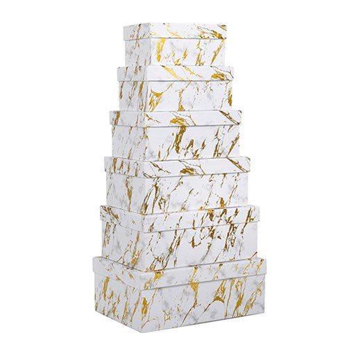 Gift Box Set 6 Rect White Marble Design w Gold Foil