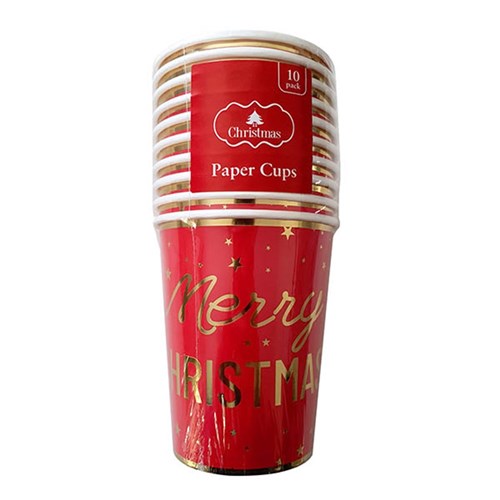 Paper Cups 250ml Xmas Gold Foil 10pk P6.7 FSC Mix