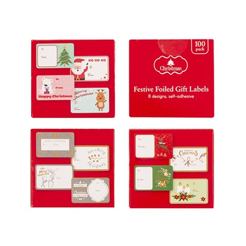 Gift Labels Xmas Self Ad 100pk Roll w Foil 3 Asstd PDQ