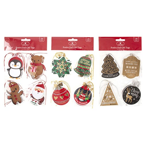 Gift Tags Xmas w Foil Strings Various Shapes 24pk 2 Asstd