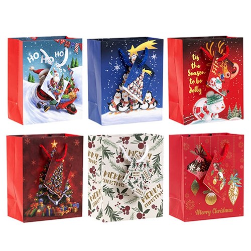 Gift Bag Xmas Basic 157gsm Small w Jhook 6 Assorted