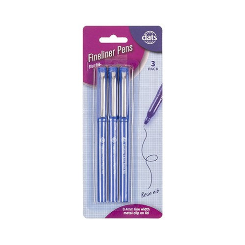 Pen Fineliner 3pk w Metal Clip Blue Ink