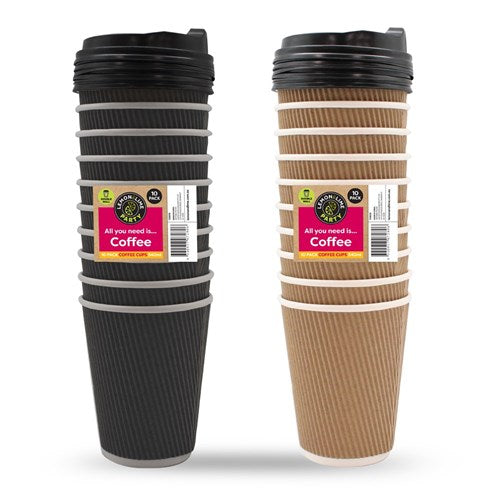 RIPPLE WALL COFFEE CUPS W/LIDS 340ML 10PK 2 ASSTD