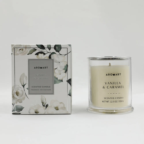 AROMART D9.7X10.7CMH SCENTED GLASS CLASS CANDLE WITH PLASTIC LID SCENT VANILLA & CARAMEL