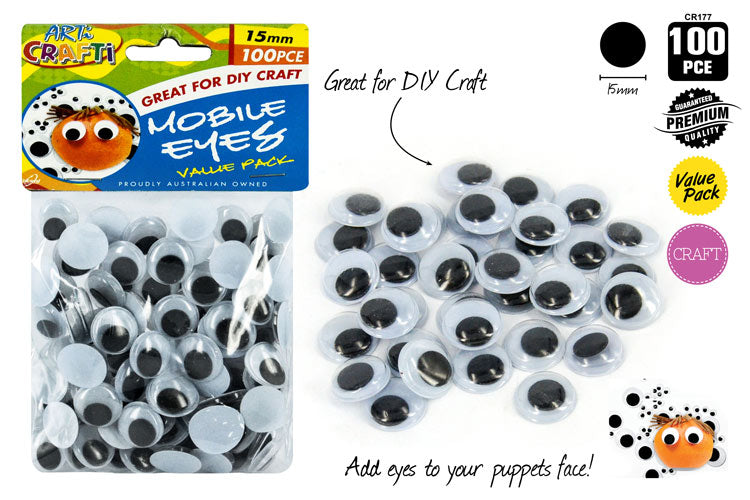 100pce Craft Mobile Eyes-15mm-Glue On