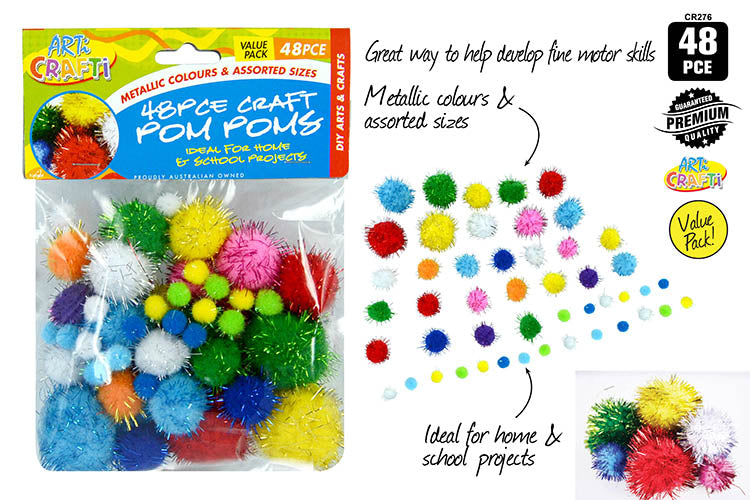 48pce Glitter PomPom's- Assort Colours