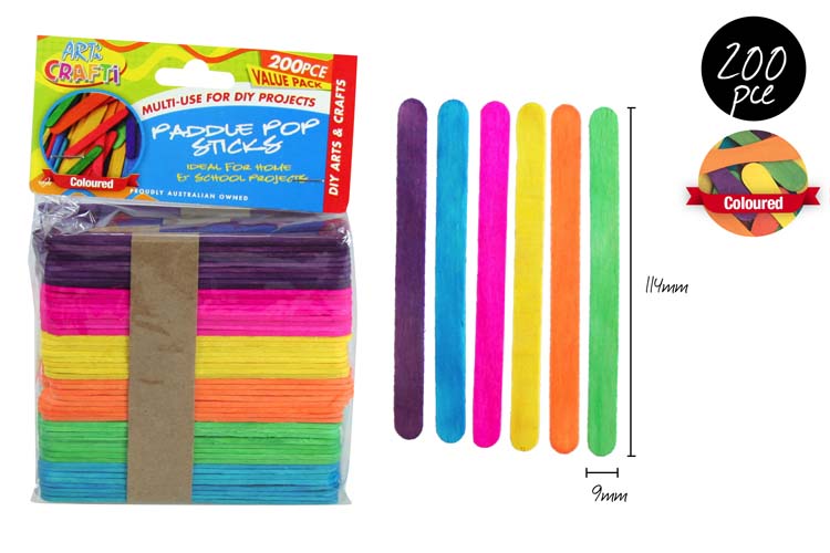 200pce Paddle Pop Sticks-11.4cm-Colour