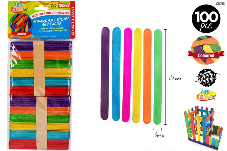 100pce Paddle Pop Sticks-11.4cm-Colour