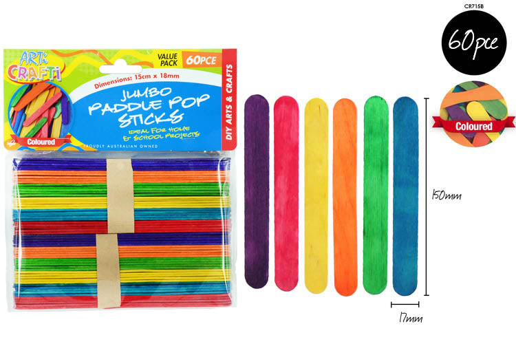 60pce Jumbo Paddle Pop Sticks-15cm COL