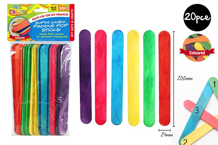 20pce S Jumbo PaddlePop Sticks 20cm COL