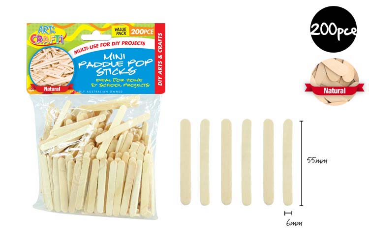 200pce Mini Paddle Pop Sticks-5.5cm NAT