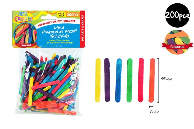 200pce Mini Paddle Pop Sticks-5.5cm COL