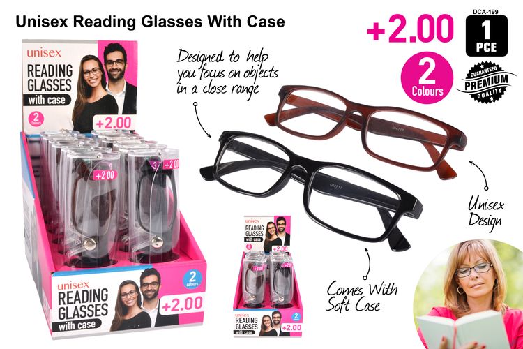 1pce Reading Glasses and Case + 2.00