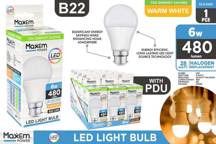 1pce Bulb 6W LED Light Warm White B22