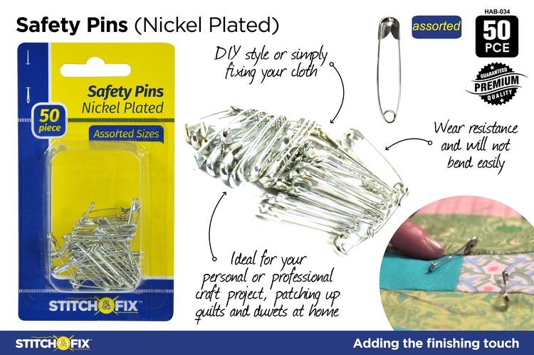 50pce Safty Pins Nickel Plated
