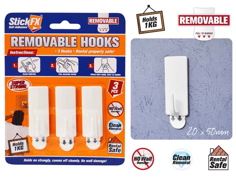 3pce Self-Adhesive Hooks-1KG-Rem-5cmH