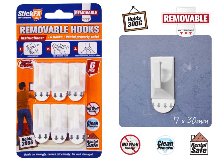 6pce Self-Adhesive Hooks-300G-Rem-3cmH