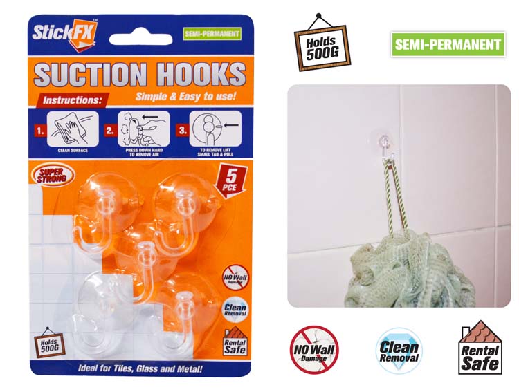 5pce Suction Hooks Holds 500G 3cmD