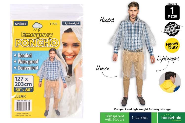 1pce Emergency Poncho-Transparent/Clear