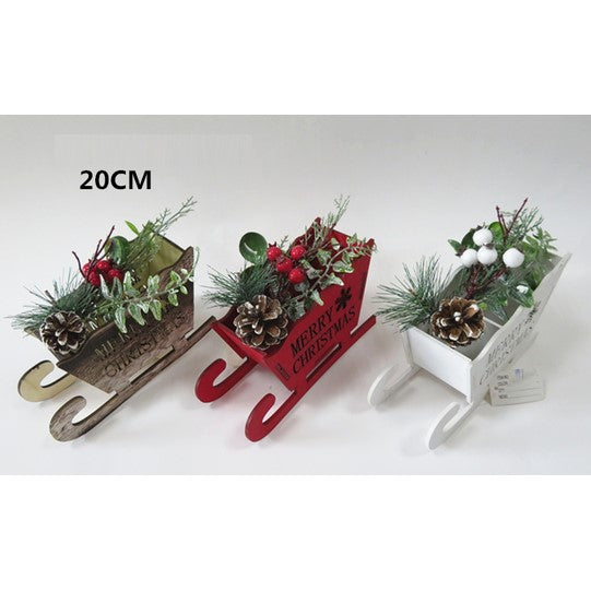 XMAS PICKS IN WOODEN SLEIGH 20CM 4COLS