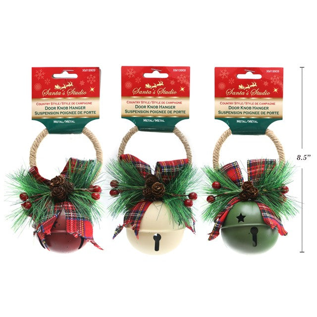 XMAS BELL DOOR HANGER 15CM W/BOW & PINE/HOLLY BERRY 4COLS