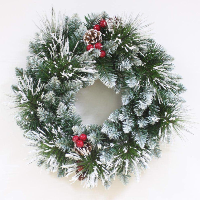 XMAS WREATH 50CM SNOWY MIXED LEAVES PINECONES & BERRIES