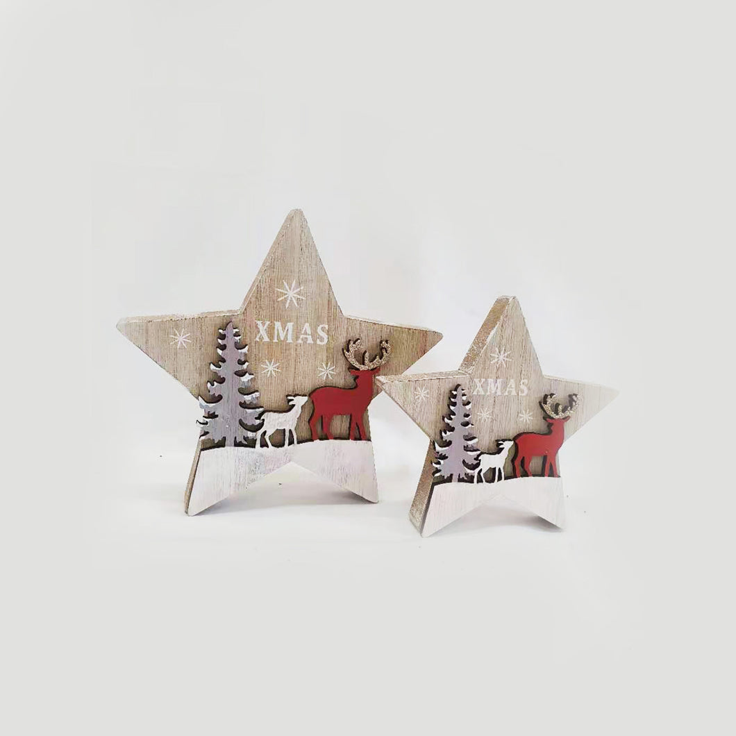 WOODEN STAR TABLETOP DEER & TREE 15CM