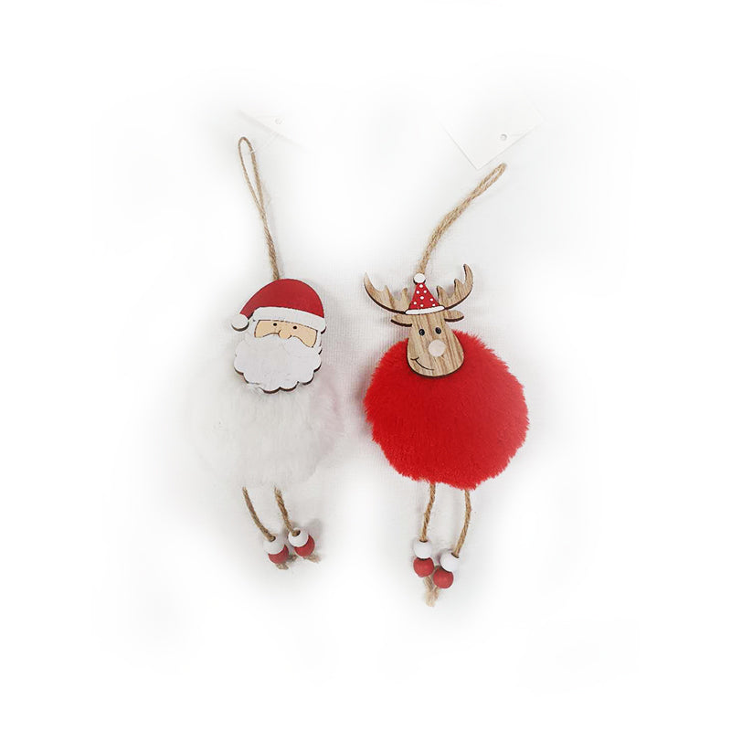 WOODEN/FLUFFY HANGING SANTA/DEER 2ASST 7X2X22CM