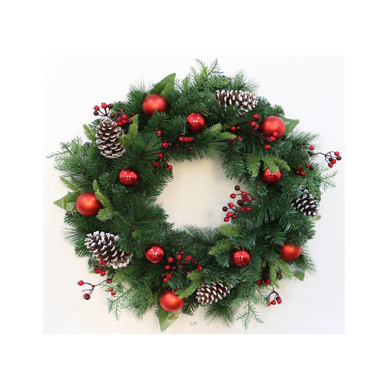 XMAS WREATH 50CM PE + PINE NEEDLE + CONE + BERRIES + BAUBLES 90TIPS