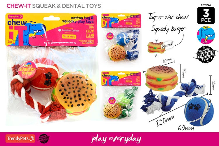 Squeaky Dental Dog Toys-3 Designs 3pcs