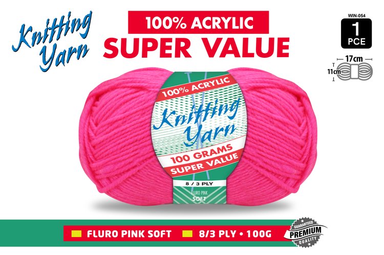 1pce Knitting Yarn-8 Ply-100g-Fluro Pink