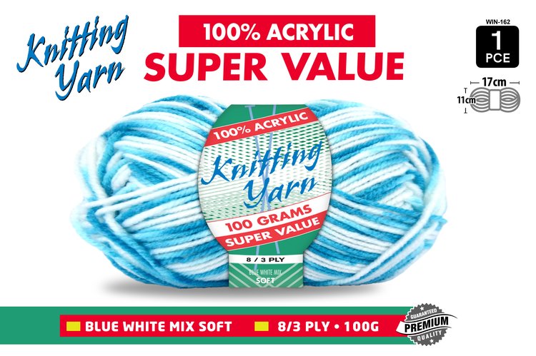 1pce Knitting Yarn-8 Ply-100g-MIX BLU-WH