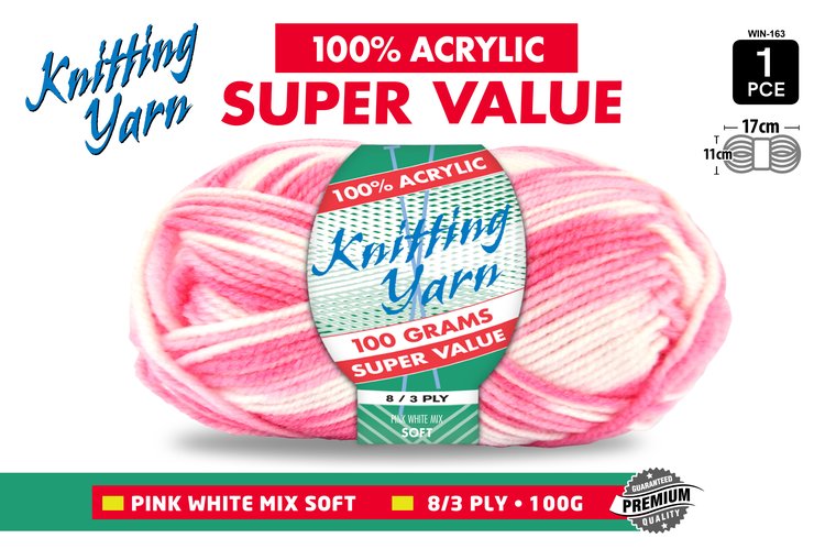 1pce Knitting Yarn-8 Ply-100g-MixPink/Wh