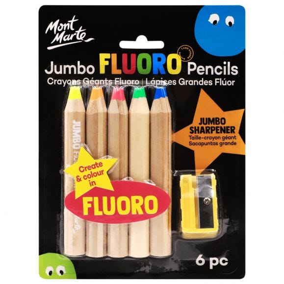 MM Jumbo Fluoro Pencils with Sharpener 6pc