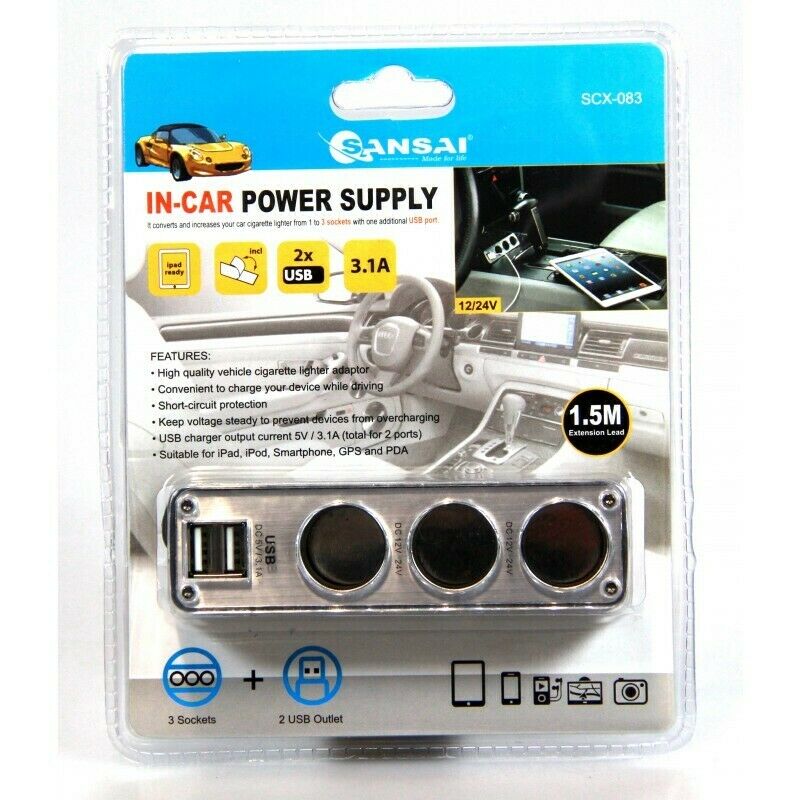 Sansai Car Lighter Socket Adaptor 3 Outlet With 1.5M Extension Lead